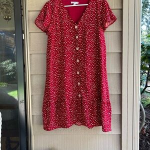 L Love dress Red polka dots white button front.Flutter sleeves comfort fit